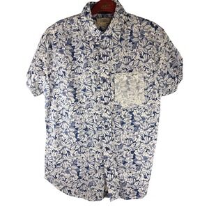 Free Planet Mens Short Sleeve Button Up Shirt Blue Floral Print Size Small